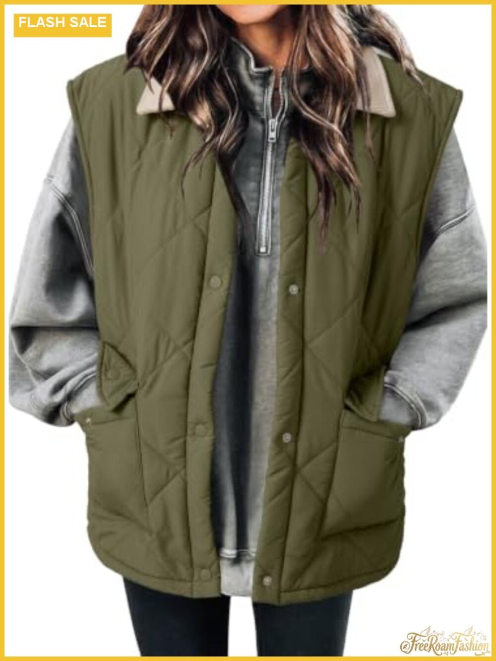 Sleeveless Quilted Puffer Vest with Corduroy Lapel Collar & Pockets